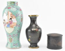 COLLECTION OF THREE CHINESE ITEMS, TWO VASES & A LIDDED POT