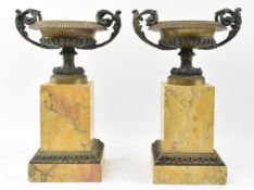 PAIROF VICTORIAN GRAND TOUR BRONZE & SIENNA MARBLE TAZZA URNS