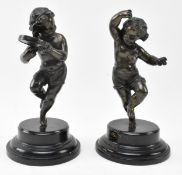 PAIR OF CONTINENTAL NEOCLASSICAL STYLE BRONZE DANCING CHERUBS