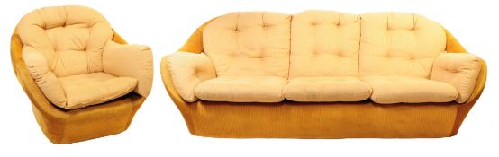 BRITISH MODERN DESIGN - RETRO MID CENTURY CORDUROY SOFA W/ TUB CHAIR