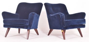 PAIR OF SCANDINAVIAN STYLE VINTAGE VELVET & TEAK EASY LOUNGE ARMCHAIRS