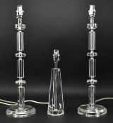 THREE CONTEMPORARY CLEAR GLASS & CHROME DESK TABLE LAMPS