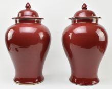 LARGE PAIR OF CHINESE FLAMBE GLAZED URNS