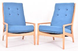 MANNER OF FRED LOWEN - PAIR OF MID CENTURY TEAK & UPHOLSTERED EASY LOUNGE ARMCHAIR