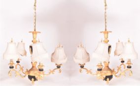 PAIR OF FRENCH EMPIRE INSPIRED VINTAGE GILT & BLACK PAINTED FIVE ARM CHANDELIERS