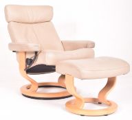 EKORNES - STRESSLESS - 20TH CENTURY CREAM LEATHER & BENTWOO EASY LOUNGE SWIVEL ARMCHAIR