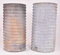 TWO TALL RETRO GALVANISED METAL CIRCULAR WATER BUTTS