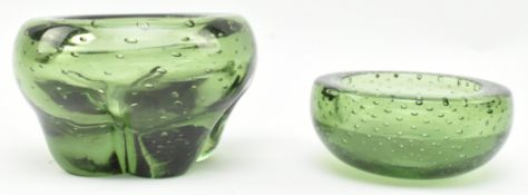 WHITEFRIARS - TWO VINTAGE MID CENTURY GREEN BUBBLE CONTROL GLASS VASES