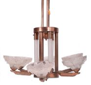 ART DECO PENDANT COPPER & GLASS SIX BRANCH CHANDELIER
