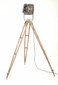 MID CENTURY THEATER SPOT LAMP ON MILITARY TRIPOD STAND 20TH CENTURY THEATER SPOT LAMP LIGHT