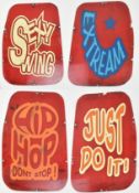 FOUR VINTAGE FAIRGROUND RED PLASTIC PLACARDS