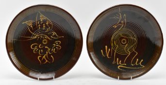 TWO VINTAGE PUIDGEMONT STUDIO ART POTTERY CHARGERS