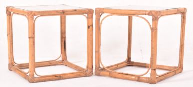 PAIR OF ITALIAN STYLE MID CENTURY GLASS & BAMBOO SIDE LOW CUBE TABLES