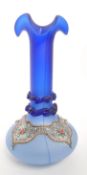 VINTAGE BEJEWELLED BLUE GLASS VASE