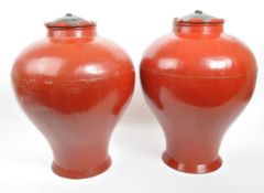 PAIR OF CHINESE RED LACQUERED LIDDED VASE / URNS