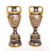 DRESDEN - PAIR DRESDEN COBALT EQUESTRIAN SCENE VASES