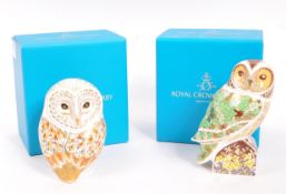 ROYAL CROWN DERBY - WINTER OWL & WOODLAND OWL PAPERWEIGHTS