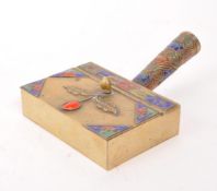 CHINESE BRASS HOT WATER IRON / BOX WARMER WITH ENAMEL DESIGN