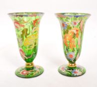 PAIR OF BOHEMIAN VINTAGE GREEN GLASS AND ENAMEL VASES