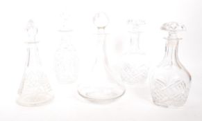 FIVE 20TH CENTURY GLASS DECANTERS