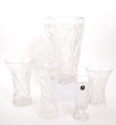 LARGE CRYSTAL GLASS VASE WITH FOUR SMALLER EXAMPLES