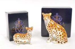 ROYAL CROWN DERBY - LEOPARDESS & LEOPARD CUB PAPERWEIGHTS