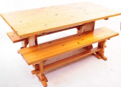 20TH CENTURY PINE DINING / REFECTORY TABLE & TWO BENCHES