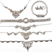 COLLECTION OF VINTAGE WHITE METAL & MARACSITE JEWELLERY