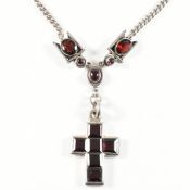 SILVER & GARNET CROSS PENDANT NECKLACE
