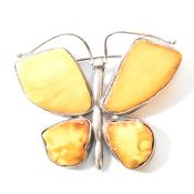 VINTAGE WHITE METAL & BUTTERSCOTCH AMBER BUTTERFLY BROOCH
