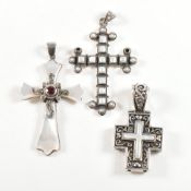 THREE HALLMARKED SILVER & WHITE METAL CROSS NECKLACE PENDANTS