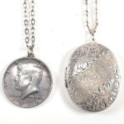 925 & 835 SILVER NECKLACES WITH LOCKET & COIN PENDANT