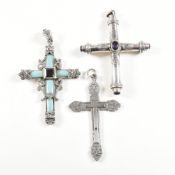 TWO SILVER CROSS NECKLACE PENDANTS & METAL CROSS