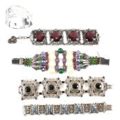 COLLECTION OF SILVER TONE METAL GEMSET & BEADED BRACELETS
