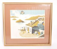 MID CENTURY 1952 WOOD BLOCK PRINT OF COASTAL SEASCAPE