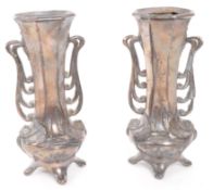 PAIR OF ART NOUVEAU PEWTER GERMAN VASES WITH RELIEF BIRDS