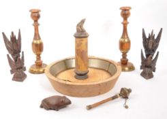 COLLECTION OF ETHNIC WOODEN ITEMS - PRAYER WHEEL / CANDLESTICKS