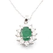 HALLMARKED 18CT WHITE GOLD EMERALD & DIAMOND PENDANT NECKLACE
