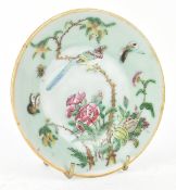 QING CELADON GLAZE CANTON FAMILLE ROSE PLATE 清 豆青釉广彩花鸟碟