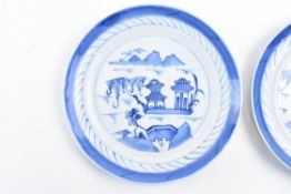 PAIR OF QING DYNASTY BLUE AND WHITE CHARGERS 清 青花山水盘一对