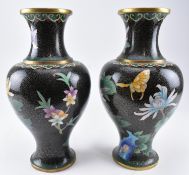 PAIR OF CHINESE CLOISONNE VASES 黑底菊花掐丝珐琅瓶一对
