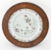 QING QIANLONG FAMILLE ROSE FRAMED PLATE 清 乾隆粉彩花鸟盘连木框