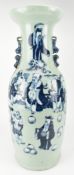 QING BLUE AND WHITE CELADON GROUND VASE 清 青釉底青花八仙拜寿图