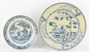 TWO QING DYNASTY BLUE AND WHITE CHARGERS 清 青花博古和山水盘一组