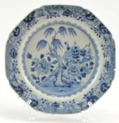 QING DYNASTY BLUE AND WHITE LANDSCAPE CHARGER 清 青花花卉八角盘