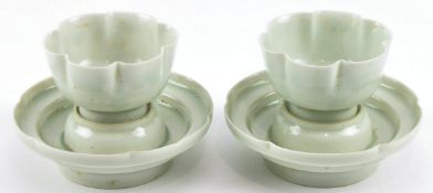 PAIR OF QING QINGBAI PORCELAIN CUP AND STAND 宋 青白釉莲瓣盏及盏托