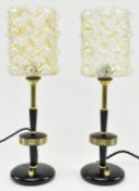 PAIR OF ITALIAN MID CENTURY GLASS & BLACK METAL BEDSIDE / DESK LAMPS