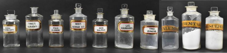 TEN VICTORIAN & LATER GLASS APOTHECARY / CHEMISTS BOTTLES WITH LABELS