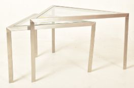 RETRO 20TH CENTURY ITALIAN STYLE CHROME & GLASS NEST OF TWO TRIANGULAR TABLES