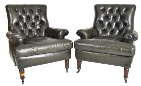 PRIVATE COLLECTION OF DERREN BROWN - PAIR OF DARK GREEN LEATHER BUTTONED BACK ARMCHAIRS